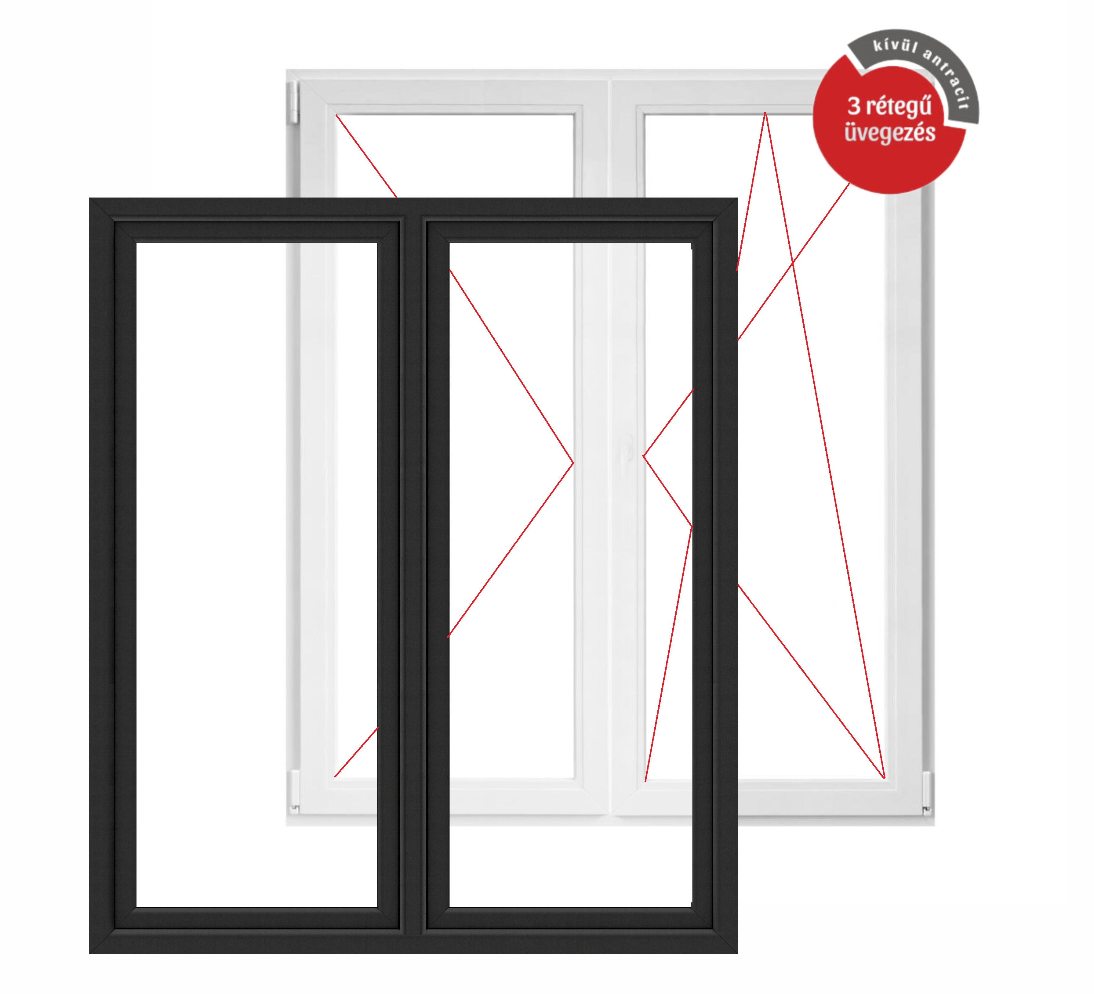 180x210 cm, műanyag középen felnyíló/bukó-nyíló erkélyajtó, jobbos, kívül antracit